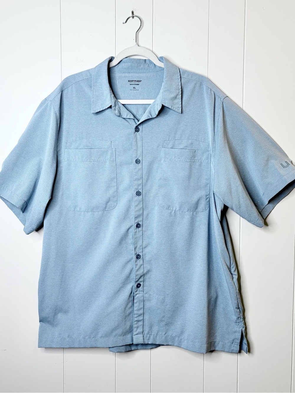 ScotteVest Beachcomber Short Sleeve Button Down Shirt Blue Zip Pockets Travel L